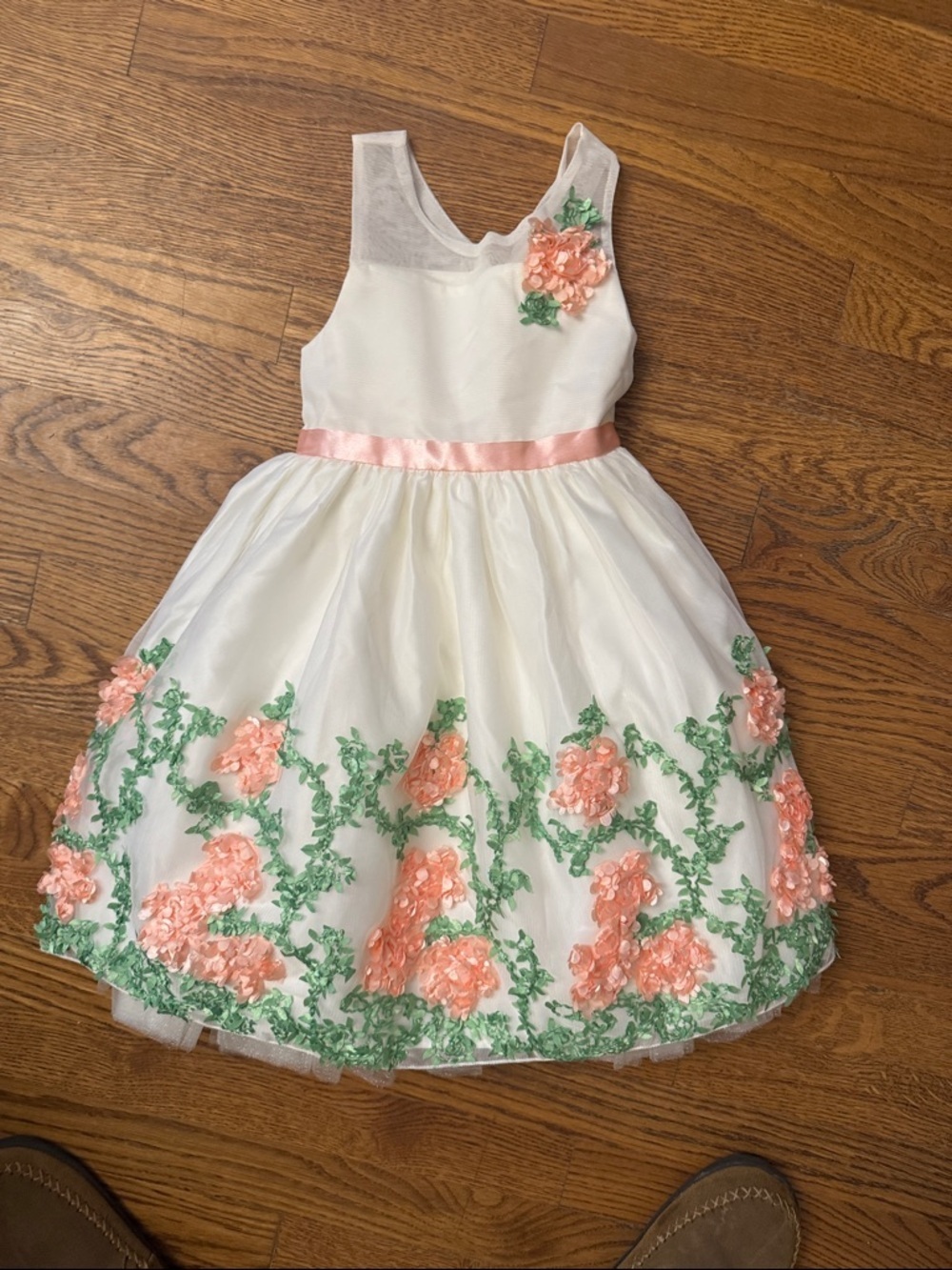 American Princess White Tulle Formal Dress with Pink Floral Appliqués size 5
